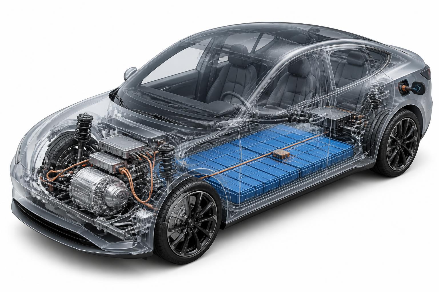 Cutaway render of a modern electric car revealing battery pack, motor, wiring and suspension